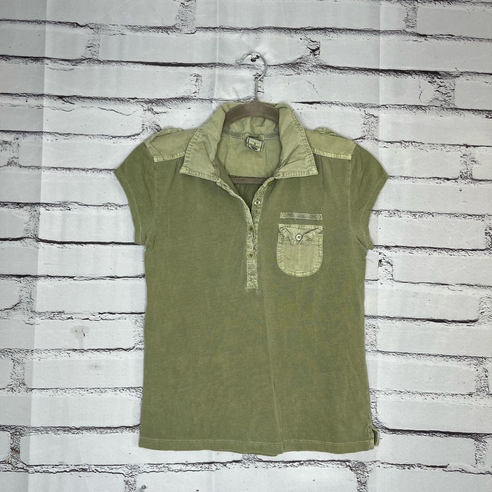 Old Navy Green Short Sleeve Tee Collared 1/4 Button Y2K 2000s Front Pocket SZ S